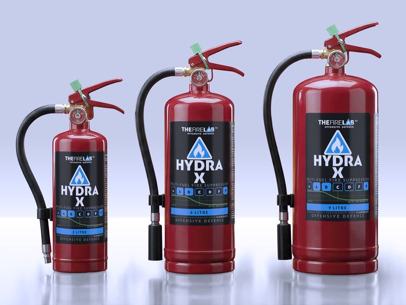 Hydra X in three red extinguishers, small to large.