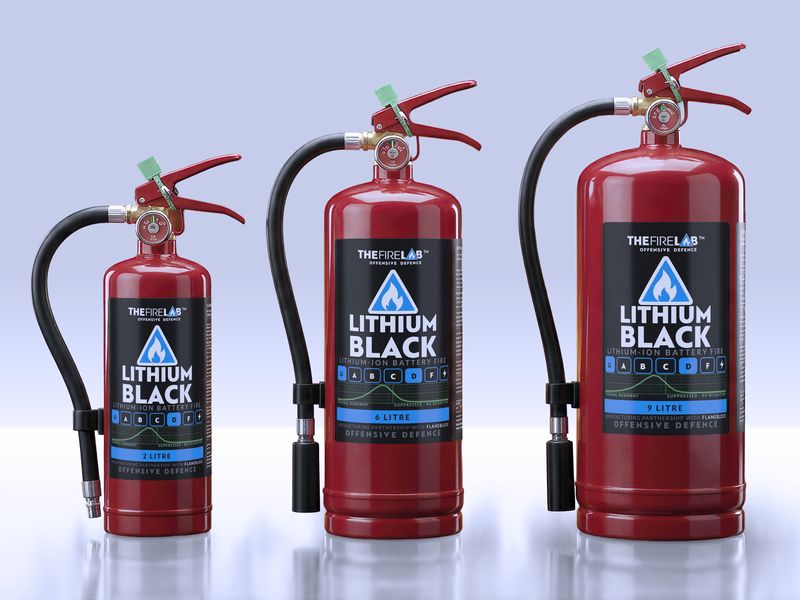 Lithium Black in three red extinguishers, small to large.