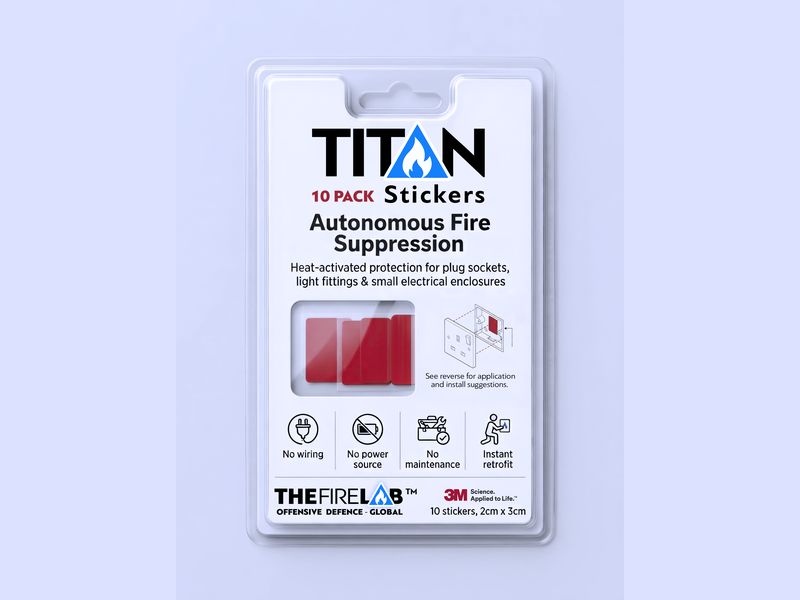 A TITAN ten-pack of autonomous fire suppressant stickers in its blister pack.